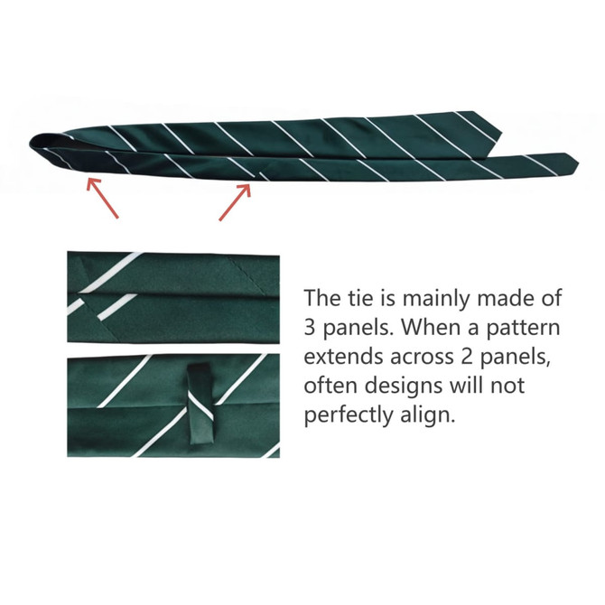 A dark green 8cm wide tie made of 100% polyester, featuring white diagonal stripes and a logo.