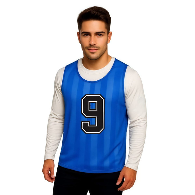 A blue polyester mesh training bib with vertical stripes and the number 9 printed on the front, worn over a long-sleeve top.