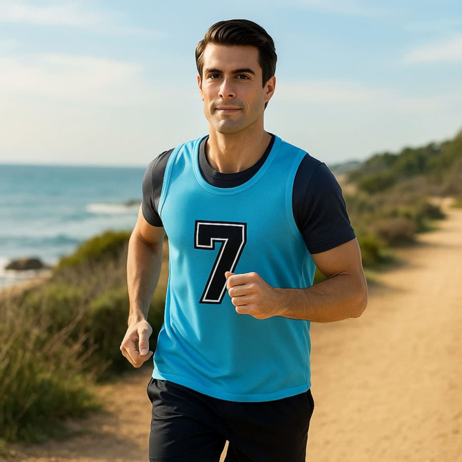 A man running along a coastal path wearing a blue training bib with a number 7 on it and dark shorts.