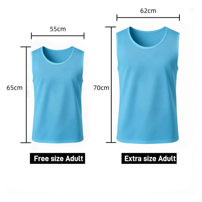 A blue training bib in two sizes, featuring a sleeveless design and a logo. Measurements displayed alongside.