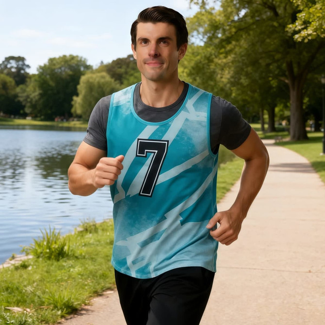 A training bib in aqua and blue tones with a number 7, worn by a man jogging by a lake.