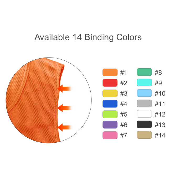 A close-up of an orange training bib with various binding colour options displayed around it. The bib features a logo.
