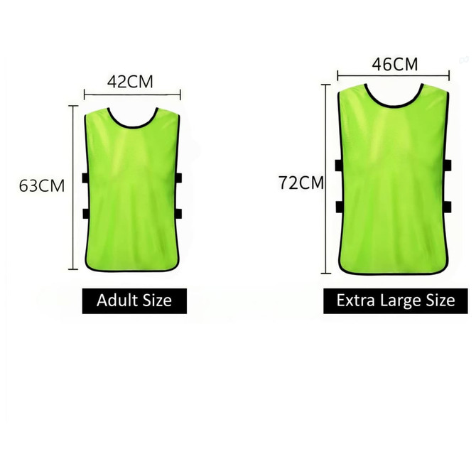 A bright green training bib with black trim, available in adult and extra large sizes, featuring a logo on the front.