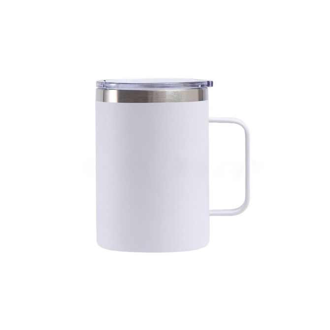 A stainless steel cup with a white exterior, clear lid, and handle, available in various sizes.