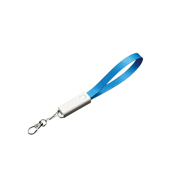 A blue charging cable strap with a white connector and a clip attachment. Features a logo on the connector.