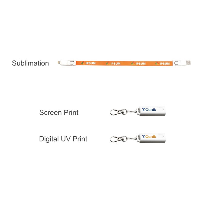 A 60W 6-in-1 charging cable strap in orange with connectors, featuring a logo and various print options.
