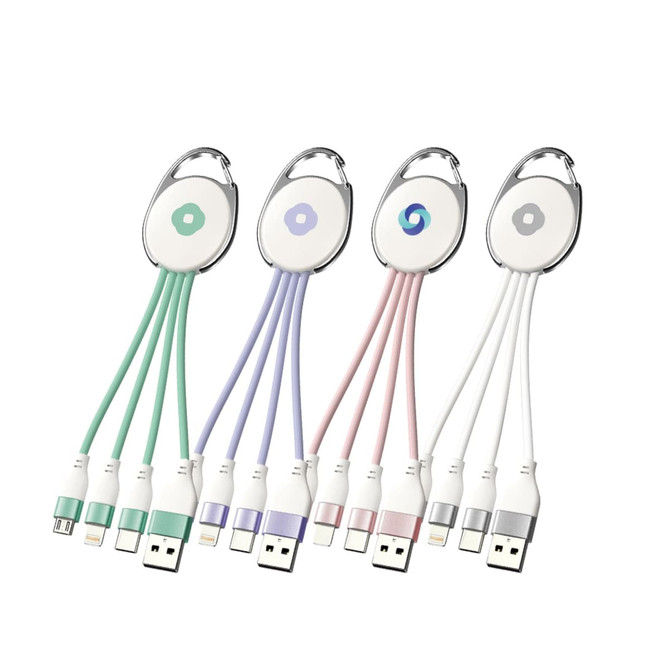 A set of four charging cables in green, purple, pink, and silver, featuring a keyring for easy attachment.
