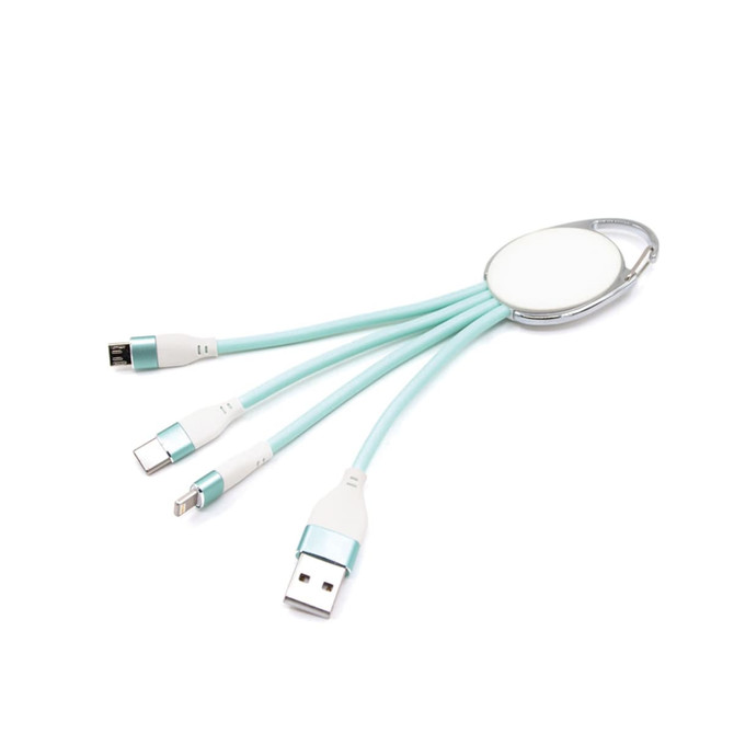 A turquoise macaron-shaped charging cable with three connectors and a keyring attachment.