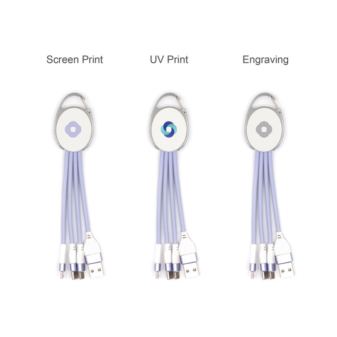 A charging cable with a keyring, featuring multiple connectors and a circular design in lavender and silver.