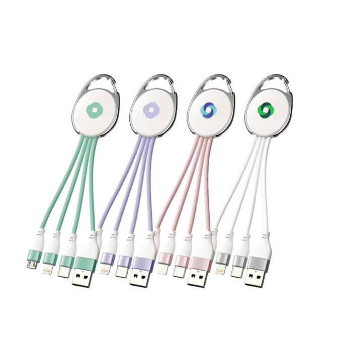 A 3-in-1 charging cable with a keyring, featuring green, purple, pink, and silver cables. Includes a logo on the keyring.