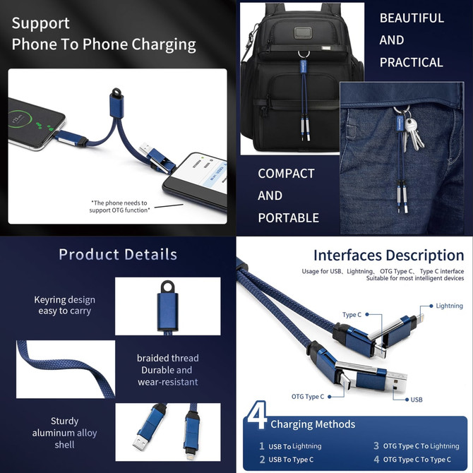 A braided 60W 4-in-1 charging cable in blue with a keyring for easy portability, featuring durable and water-resistant design.