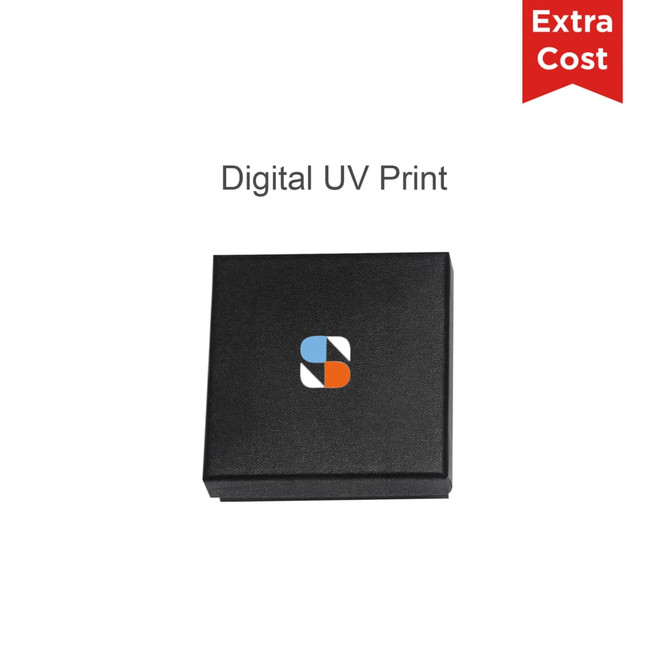 A black box with a colourful logo, featuring an option for digital UV printing.