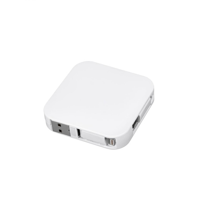 A white, square retractable charging cable with multiple connectors and a built-in stand. It features a logo.