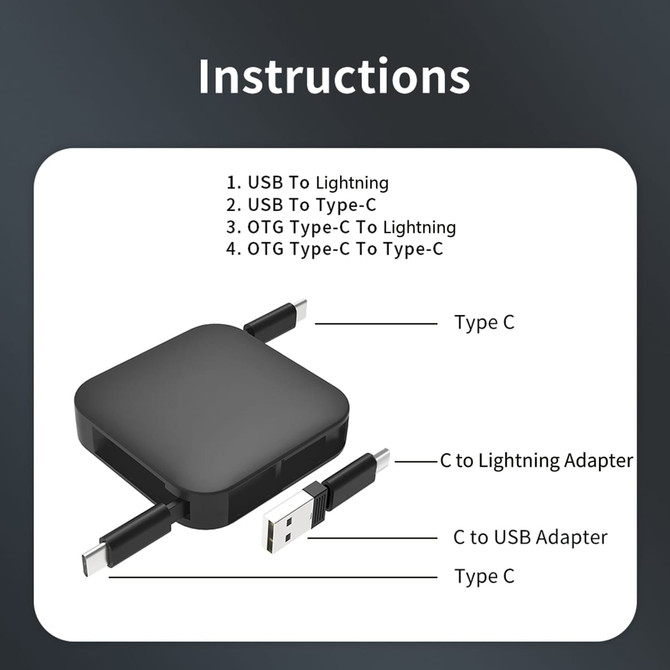 A black 4-in-1 retractable charging cable featuring USB, Lightning, and Type-C connections, with a phone stand.