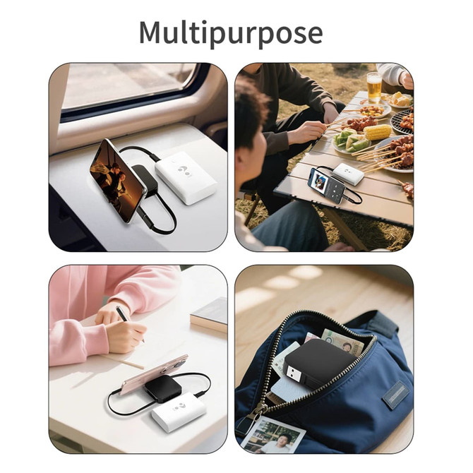 A white 60W 4-in-1 retractable charging cable with phone stand displayed in various settings, featuring a logo.