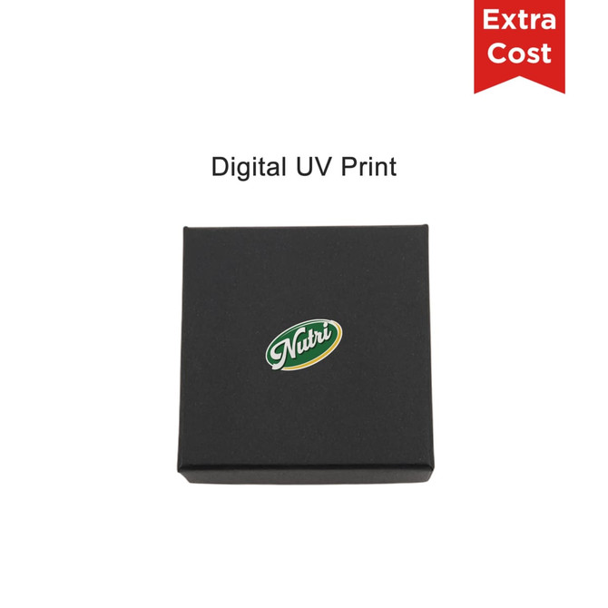 A black box featuring a logo on the front, designed for custom digital UV printing.
