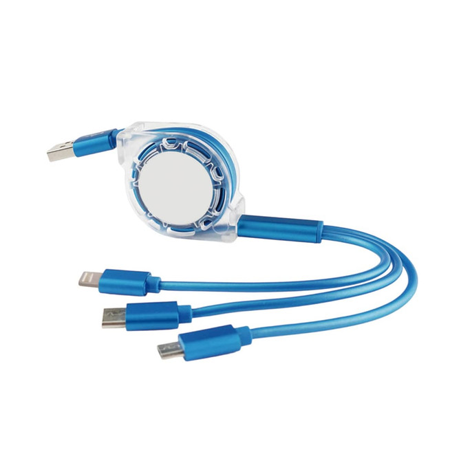 A retractable charging cable in blue, featuring three connectors and a circular casing with a logo.