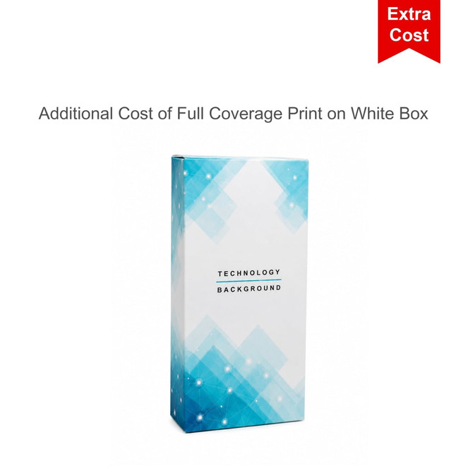 A box design featuring a blue geometric pattern with a white background and a logo. The box is for a technology product.
