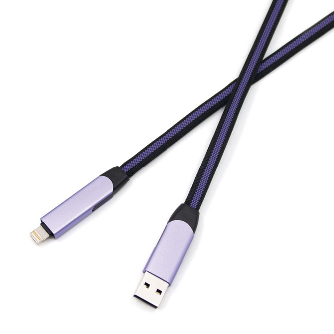 A long, braided charging cable in purple and black, featuring USB and Lightning connectors on each end.