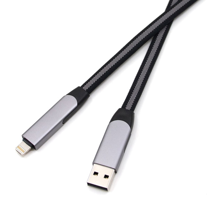 A long braided charging cable in black and silver with USB and Lightning connectors. Features a branding logo.