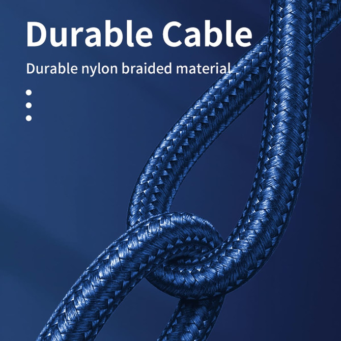 A close-up of a blue, nylon braided charging cable, showcasing its durable texture and design. Includes a logo.