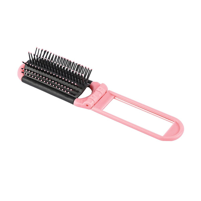 A folding hair brush with a mirror, featuring a pink handle and black bristles. Includes a logo on the handle.