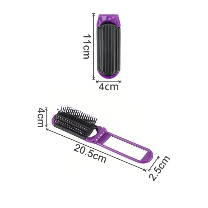 A folding hair brush with a mirror, featuring a purple exterior and bristles, measures 20.5 cm by 4 cm when opened.