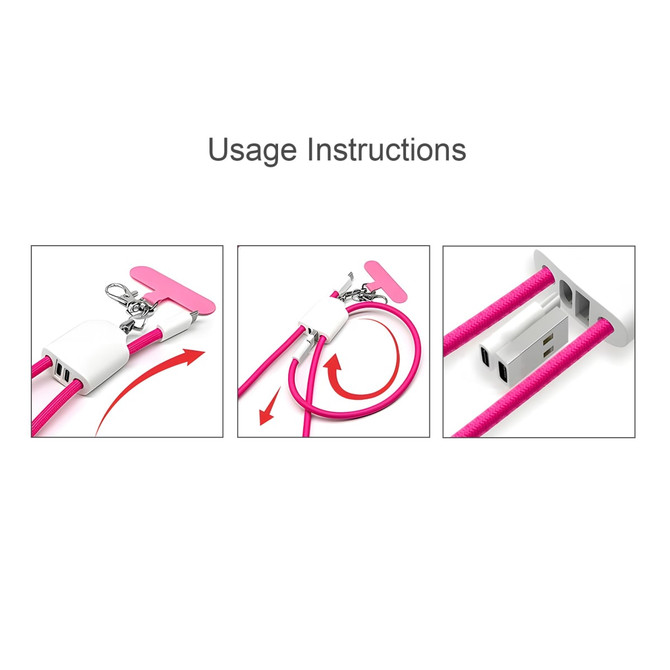 A pink 4-in-1 charging phone lanyard with USB connections and instructions for use. It includes a clip and adjustable cord.
