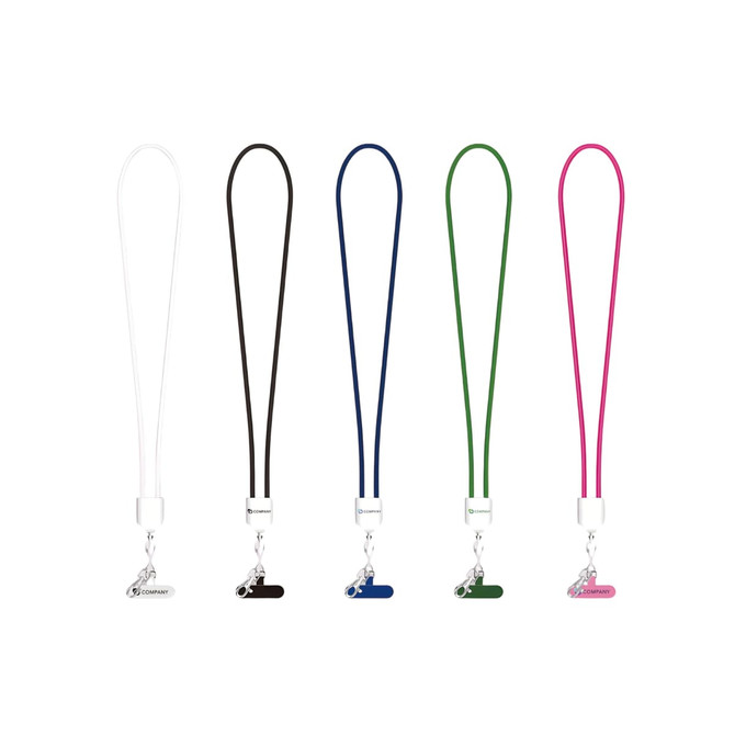 A collection of five 60W 4-in-1 charging phone lanyards in white, black, navy, green, and pink, featuring a branded clip.