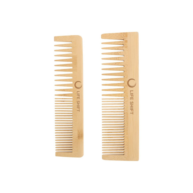 Two bamboo combs with a light brown finish, featuring a logo on one side.