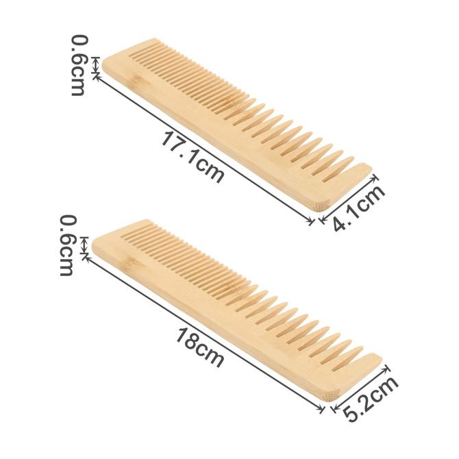 A bamboo comb set featuring two natural-coloured combs with different tooth designs and measurements.