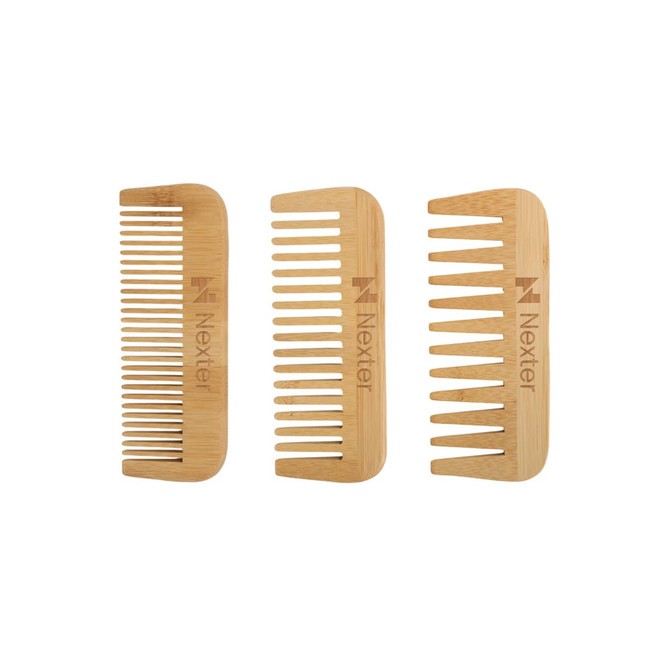 Three eco-friendly bamboo combs in light brown, featuring a logo on each comb.