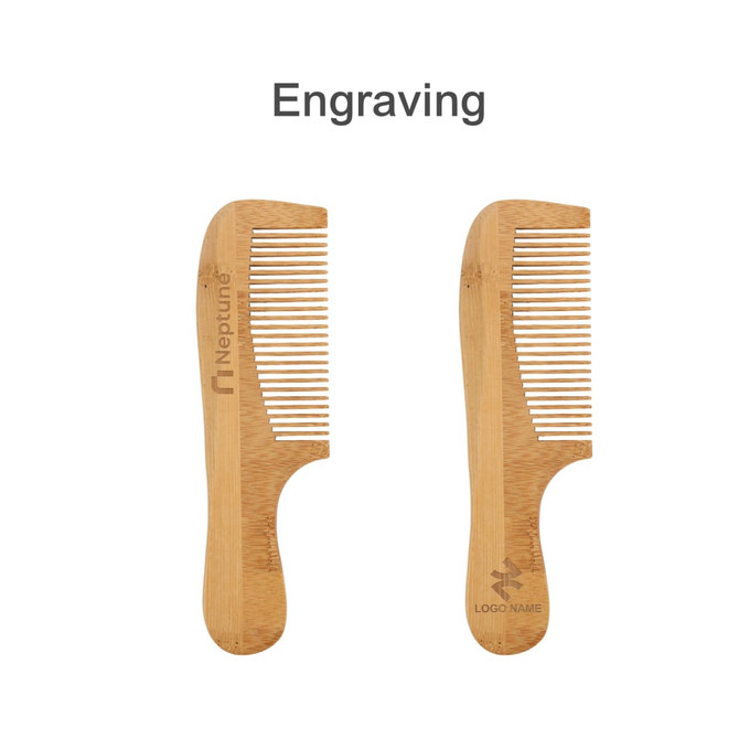 A natural bamboo comb with a handle, featuring engraved logos on both sides. The comb is light brown in colour.