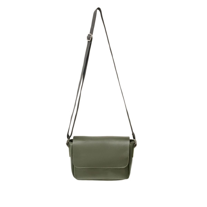 A green polyurethane shoulder bag with a long adjustable strap and a front flap. It features a logo on the front.