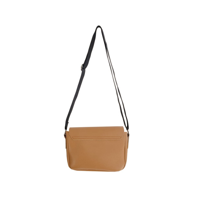 A tan polyurethane shoulder bag with a black adjustable strap and a front flap. It features a simple design and a logo.