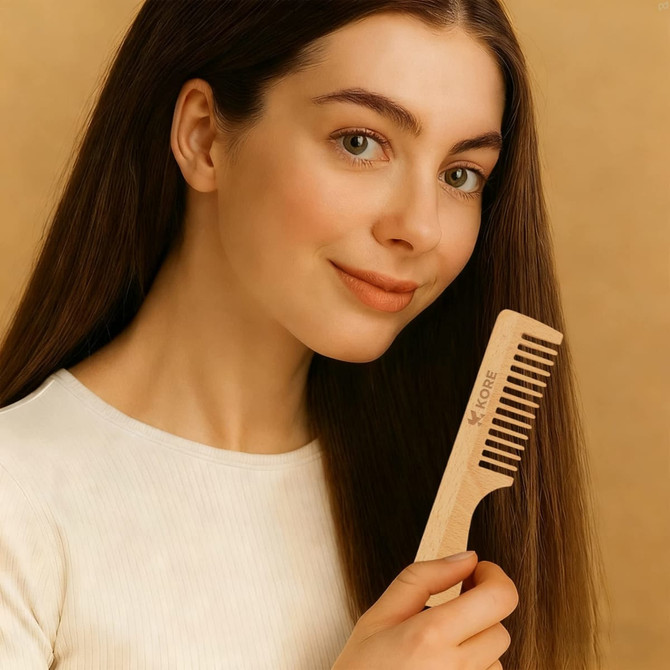 A wide-tooth beech wood comb held by a smiling woman, featuring natural wood colour and a simple design.