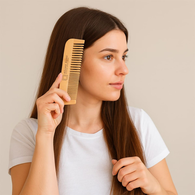 A bamboo comb with mixed-tooth design held by a woman with long brown hair, wearing a white shirt against a neutral background.
