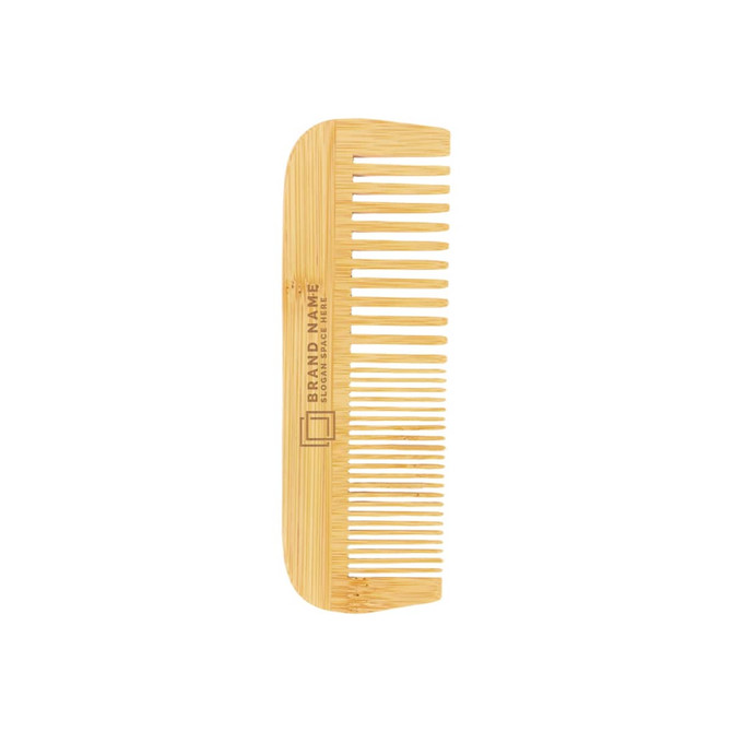 A mixed-tooth bamboo comb in a natural light wood colour, featuring a branding logo on the side.