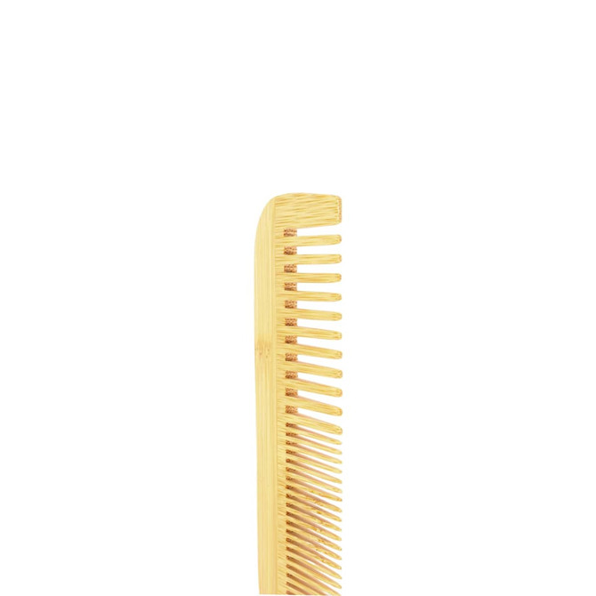 A mixed-tooth bamboo comb in a natural light brown shade with a smooth finish and a slight curve.