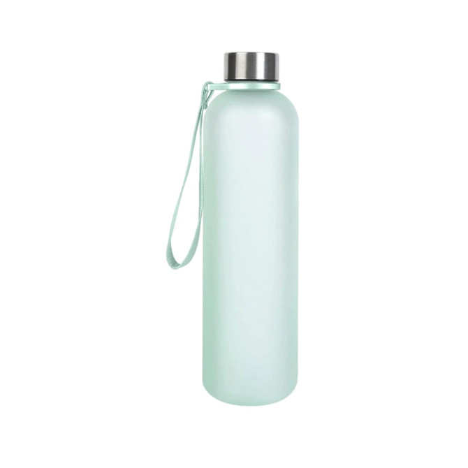 A drink bottle in a matte mint green colour with a stainless steel lid and carrying strap. It features a branding logo.