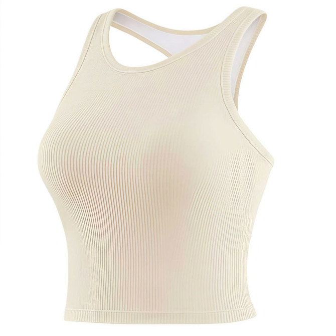 A seamless cream wide-strap racerback yoga bra tank with a textured design and a logo.