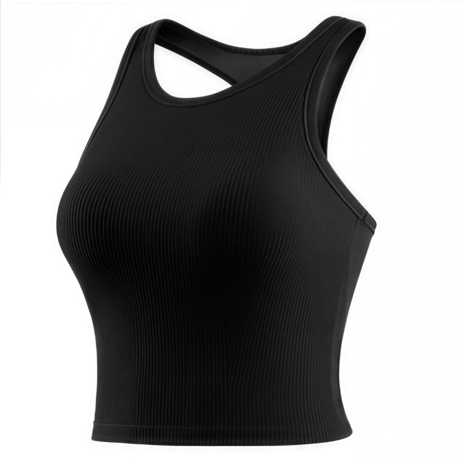 A black seamless wide-strap racerback yoga bra tank with ribbed detailing and a logo.