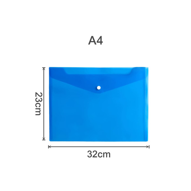 A4 clear file envelope in blue, featuring a button closure and dimensions of 32cm by 23cm. Includes branding.