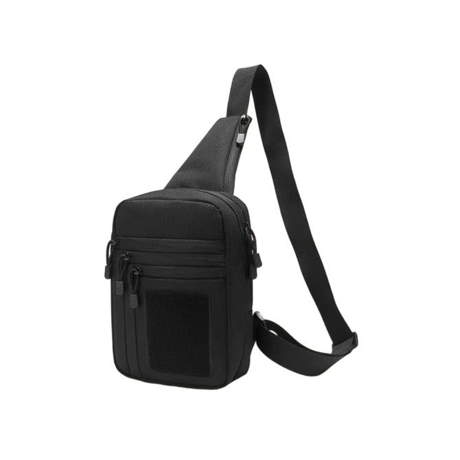 A black tactical sling bag with multiple compartments and an adjustable strap, featuring a logo.