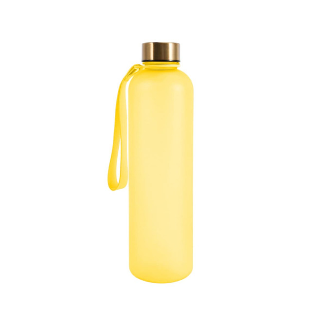 A drink bottle in bright yellow with a gold lid and a matching strap, featuring a logo.