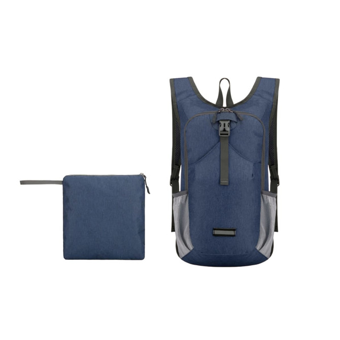 A blue large packable camping backpack next to a compact folded version in matching colour. It has a logo on the front.