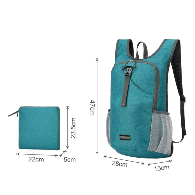 A large, teal packable camping backpack beside a compact folded version with light grey accents.