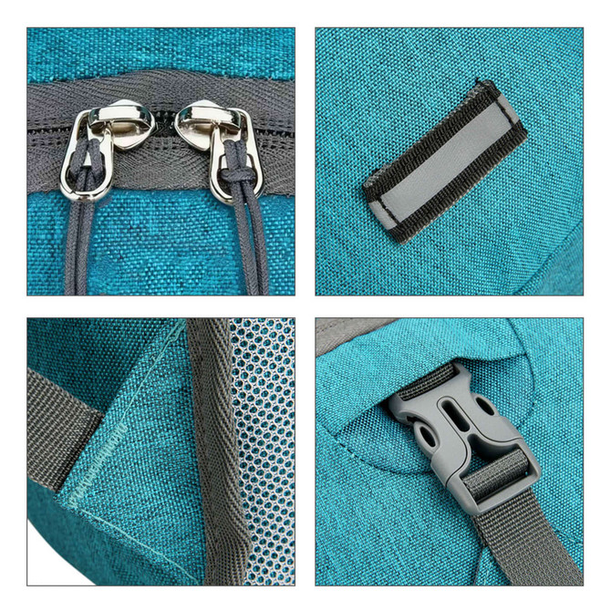 A close-up of a teal camping backpack featuring zippers, straps, and a clip for secure fastening.