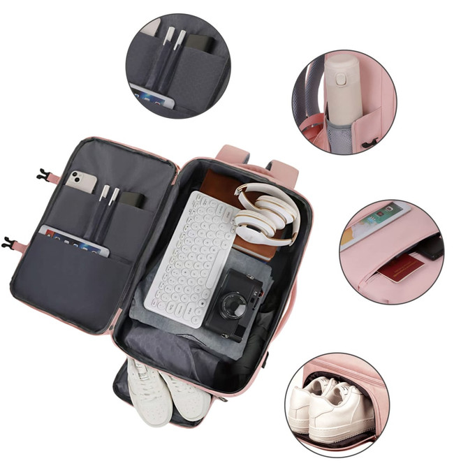 A pink expandable travel backpack with multiple compartments, including space for a laptop, shoes, and a drink bottle.