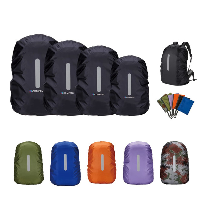 A set of reflective backpack rain covers in various colours, including black, green, orange, purple, and camouflage.